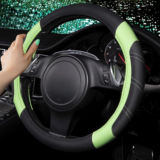 CAR PASS Line Rider Microfiber Leather Sporty Steering Wheel Cover Universal Fits for 95% Truck,SUV,Cars 14.5-15inch, Anti-Slip Safety Comfortable Design (Glows Lime Fluorescent Green)