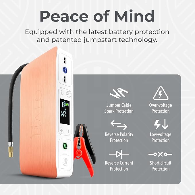 HALO Bolt Air 58830 Portable Car Battery Jump Starter | 100 PSI Air Compressor, 58.8Wh USB Power Bank, Emergency Floodlight & Charger, Jump Cars SUVs & Trucks, Inflate Tires, TSA Approved — Rose Gold