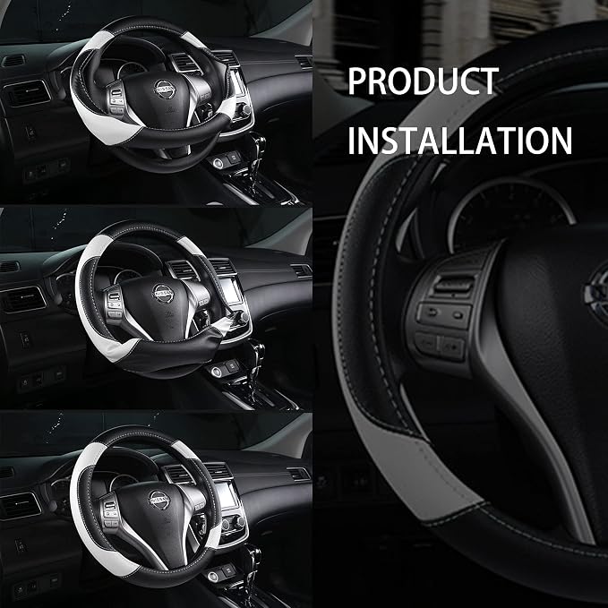 Leather Car Steering Wheel Cover, Non-Slip Car Wheel Cover Protector Breathable Microfiber Leather Universal Fit for Most Cars(White)