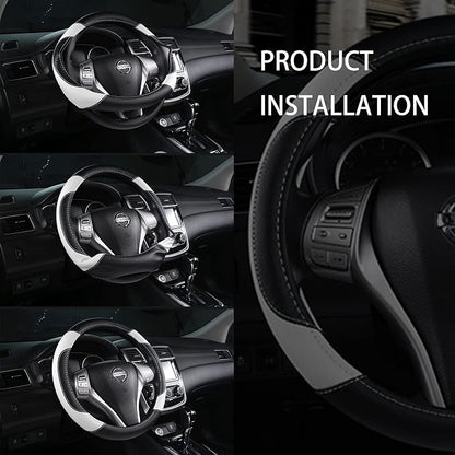 Leather Car Steering Wheel Cover, Non-Slip Car Wheel Cover Protector Breathable Microfiber Leather Universal Fit for Most Cars(White)