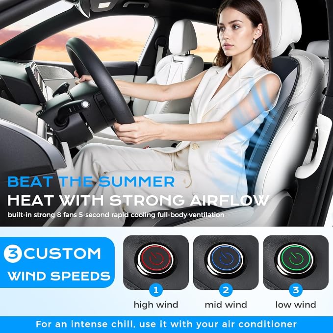 Coverado Upgraded Cooling Car Seat Cushion 8 Turbo Fans 12V-24V Ventilated Cooling Seat Cover 3 Adjustable Wind Speeds Long Lasting Coolness Summer Driving Universal Fit for Car SUV Truck Gray