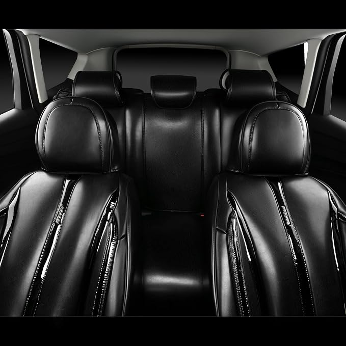 CAR PASS Ultra+ Nappa Patent Leather Car Seat Covers Full Set Universal Cushioned,Soft Breathable Waterproof Anti-Slip Driver Seats Backrest for SUV Pick-up Truck Sedan,5 Seats Aether Lustre All Black