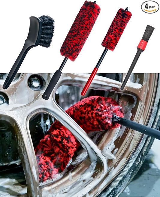 oesee Professional 4 Pack Long Handle Wheel Brush Kit for Cleaning Wheel and Tire- 2X Soft Wheel Cleaning Brush, Detailing Brush and Stiff Tire Brush, Bendable& Durable Wheel Rim Cleaner Brush Set