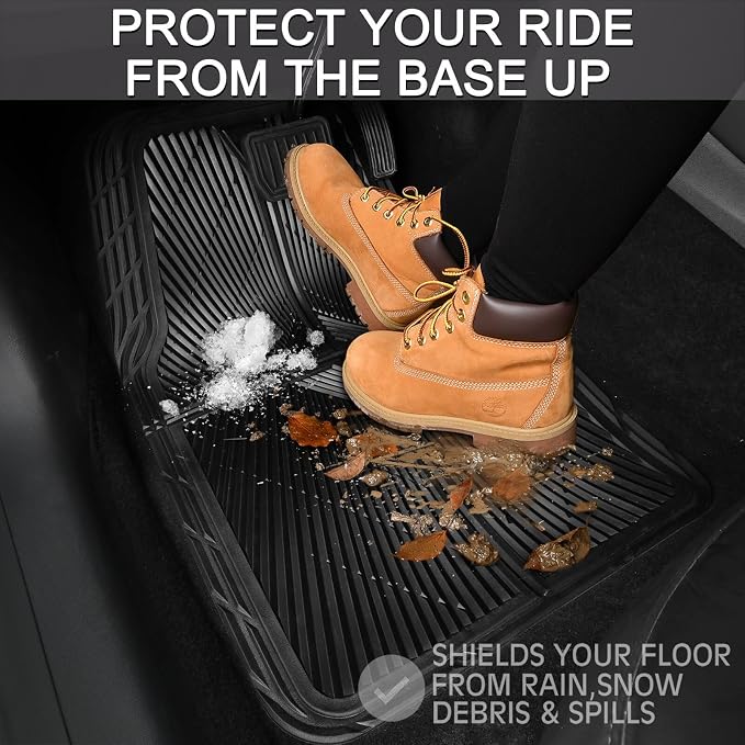 CAR PASS Rubber Floor Mats&Cargo Liner,Waterproof Trucks Mats Heavy Duty,All Weather Trim-to-Fit Automotive Mats for Cars Trucks SUV,Anti-Slip Easy Clean Durable,Full Set 5-Piece,3D Emboss All Black