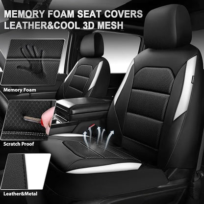 CAR PASS Memory Foam Car Seat Covers,Air Cool Mesh Thick Seat Covers Front Seats,White Leather Seat Covers for Car,Universal Automotive Comfort for Most Cars,SUV,Trucks,Airbag Compatible,Black White