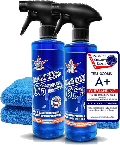 Shinykings Motorcycle Cleaner Wash&Shine 66 | WATERLESS Motorcycle Wash with Ultra Shine Effect | Powerful Detailing Spray for All Surfaces | Motorcycle Cleaning Kit California | 32 fl.oz