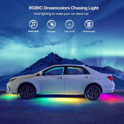 Yielinth Underglow Car Lights, 252 LEDs RGBIC 4 pcs Dream Color Dancing Chasing Strip Lights with 16 Million Colors and 213 Scene Modes with App and Remote Control, 5 Music Modes for All Cars