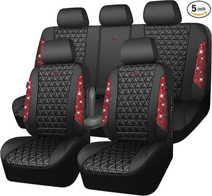 CAR PASS Bling Diamond Black Red Leather Car Seat Covers Full Set, Waterproof Shining Glitter Sparkly Crystal Universal Armrest Fit Automotive Truck SUV Women Girl, Rhinestone Interior Cover Set, Red