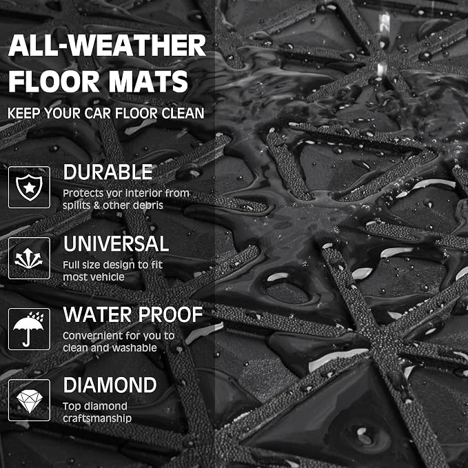 CAR PASS Bling Rubber Car Mats Diamond Floor Mats Full Set Anti-Slip 3D Rhombus Waterproof Universal Trim to Fit Liner Glitter Crystal Sparkly Shining Rhinestone Girl Women SUV Sedan Van, Black Purple