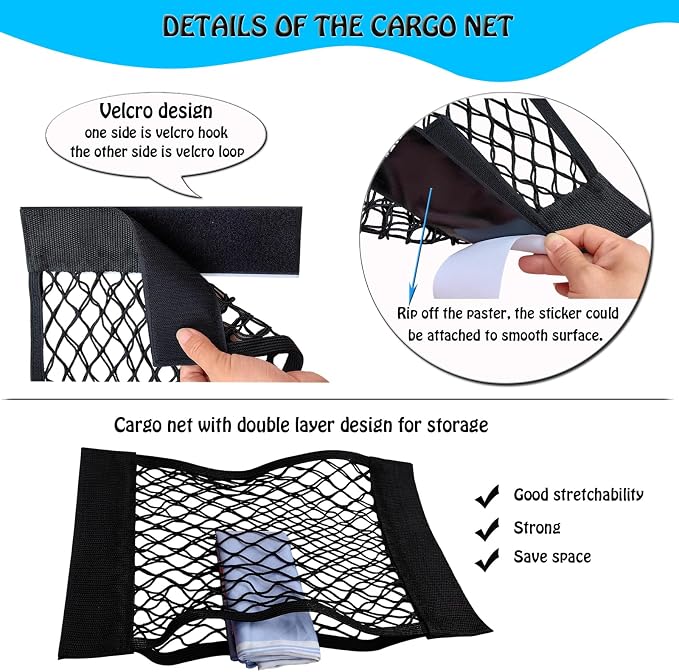 4Pack Automotive Cargo Net Car Storage Wall Sticker Organizer Pouch Bag Elastic Mesh Pocket with Tape Stickers for Trunk Organizer Holder for Cabinet Organize 4PCS (Same Size)
