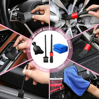 Qydipclin 10pcs Windshield Cleaning Tool Inside Car Window Cleaner Wash Kit with 4 Reusable Microfiber Pads 1 Spray Bottle and Extendable Handle Interior Auto Glass Wiper Kit, Pink