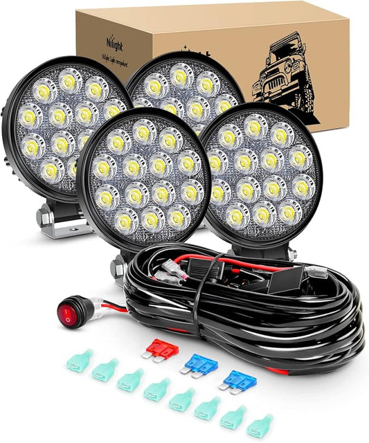 Nilight LED Pods 4Pcs 4.5Inch 42W Round Flood Off Road Fog Lights Driving Roof Light Bar Work Lighting 4200LM with 16AWG Wiring Harness Kit-4 Leads for Truck ATV UTV SUV Boat