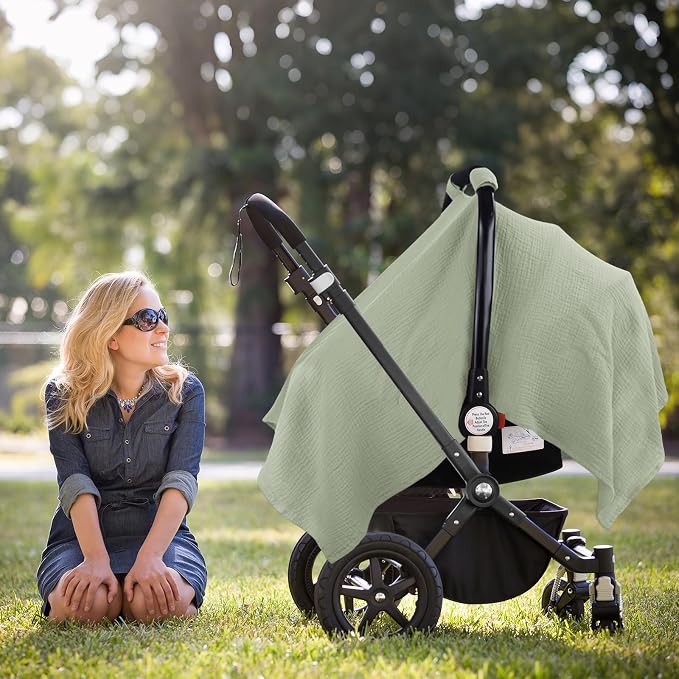 Metplus Muslin Car Seat Cover for Babies, 100% Cotton Breathable Infant Carseat Canopy for Summer, Lightweight Stroller Sunshade Covers for Newborns (Sage)
