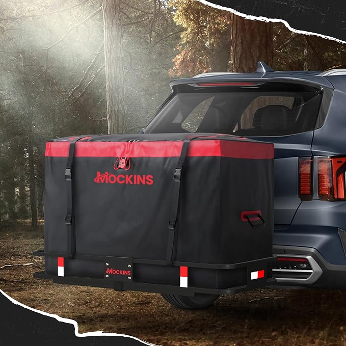 Mockins 15 Cu Ft Trailer Hitch Cargo Carrier Bag with 4 Packing Cubes | 48"x18"x31" Waterproof Cargo Bag for Hitch Carrier & Truck Bed Storage | Vehicle Soft-Shell Carriers w/ Cubes, Straps & Lock