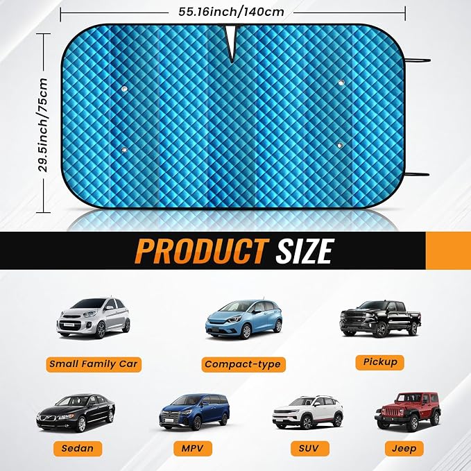 Windshield Sun Shade Car Sun Shade, Folding Car Shades for Front Windows, Blocks UV Rays Sun Visor Protector for Truck SUV Van, Keeps Vehicle Cool - Silver (55" x 29.5")