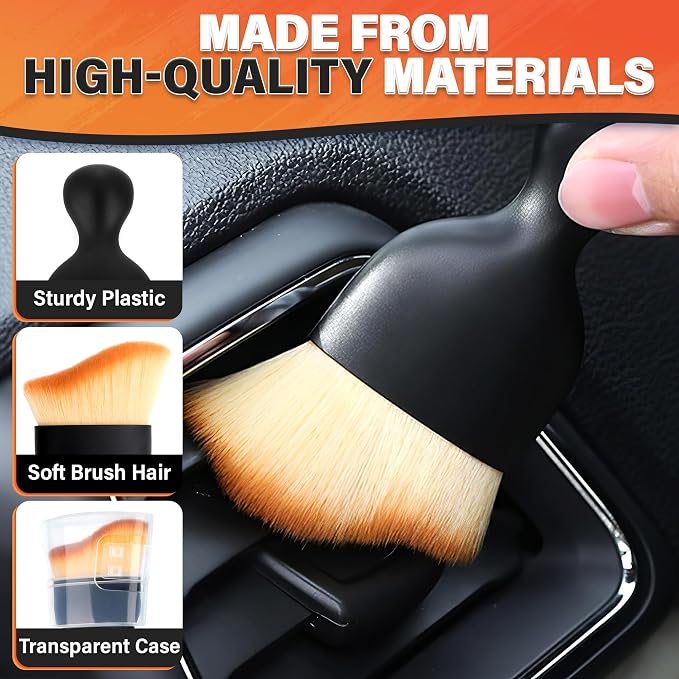 3Pcs Auto Detailing Brushes Set – 2.29" x 3.98" Car Cleaning Brush Interior with Curved Soft Nylon Bristles, Waterproof Plastic Handle, Transparent Storage Case - for Dashboard, AC Vents & Console