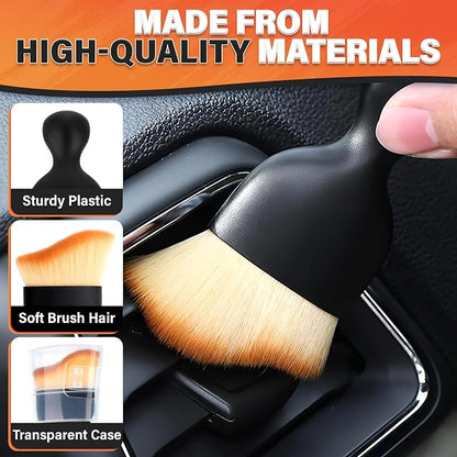 3Pcs Auto Detailing Brushes Set – 2.29" x 3.98" Car Cleaning Brush Interior with Curved Soft Nylon Bristles, Waterproof Plastic Handle, Transparent Storage Case - for Dashboard, AC Vents & Console