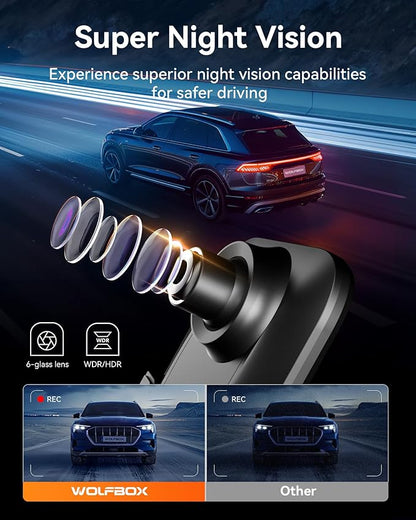 WOLFBOX G850 12" 4K Rear View Mirror Camera with 5.8GHz WiFi and Voice Control, Smart Mirror Dash Cam Front and Rear, Backup Camera with 1080P, Dash Cam with WDR, Includes 64GB Card & GPS