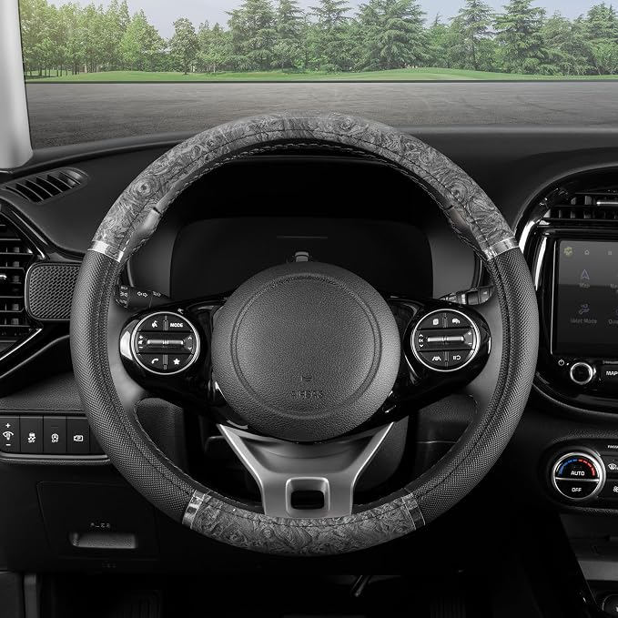 BDK Chrome Wood Grain Black & Gray Steering Wheel Cover for Cars, Trucks, Van, SUVs - Elegant and Comfortable Grip Accessories