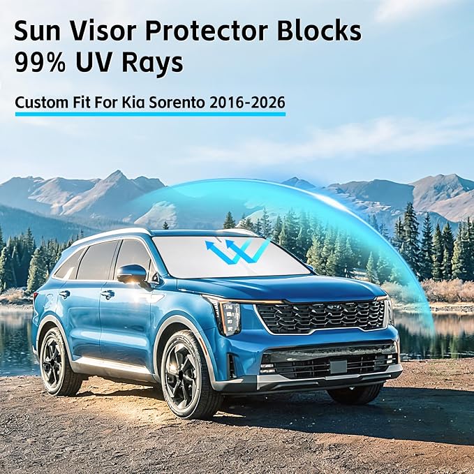Windshield Sun Shade for Kia Sorento 2016-2026 Sunshade 300T Windshield Cover Shield Protector Blocks UV Rays Custom Fit Sorento Front Window Shades Windshield Accessories Keep Cool Foldable