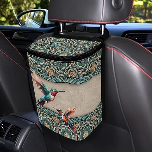 Talayituse Boho Mandala Hummingbird Print Car Trash Can, Portable Auto Garbage Bin Multifunctional Vehicle Interior Accessories with Adjustable Straps Universal Fit Truck SUV Sedan
