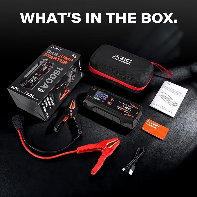 A2C Portable Jump Starter, 12V Auto Battery Booster, Power Bank, LED Light | Fits 6.0L Gas/3.0L Diesel. Features QC3.0 fast charging, smart safety clamps (short/reverse protection), & 3 lighting modes.