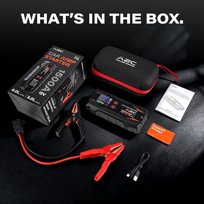 A2C Portable Jump Starter, 12V Auto Battery Booster, Power Bank, LED Light | Fits 6.0L Gas/3.0L Diesel. Features QC3.0 fast charging, smart safety clamps (short/reverse protection), & 3 lighting modes.