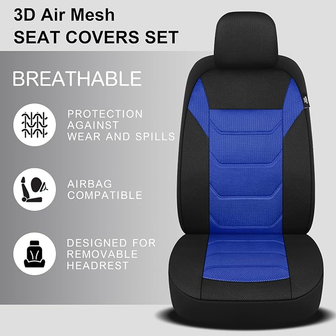 Pariiaotin 3D Air Mesh Car Seat Cover Full Set Washable and Breathable Premium Cloth Automotive Vehicle Seat Covers for Cars Interior, Universal Fit for Most Cars, Sedan, Truck, SUV(Black/Blue)