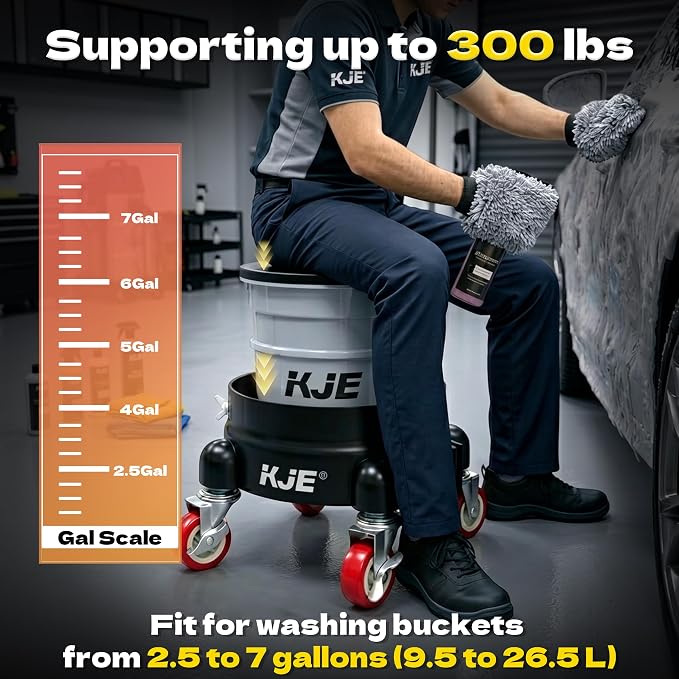 KJE Bucket Dolly with Wheels, 360° Rolling Car Wash Buckets Dolly for Detailing, Rolling Wash Bucket with 5 Wheels and 2 Locking Casters, Compatible with 2.5-7 Gallon Buckets, Supports Up to 300 lbs