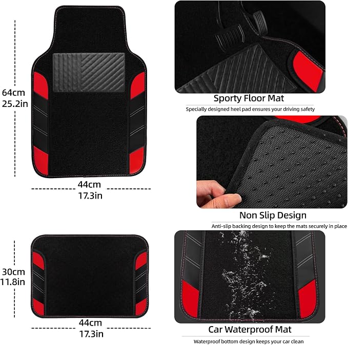 NBTEPEM 10 Pcs Car Floor Mats Full Set & Sport Leather Steering Wheel Cover 14.5-15 inch, Center Console Cover, Seat Belt Cushion, Cup Holder Coaster, Universal Automobile Interior Sets (Red)