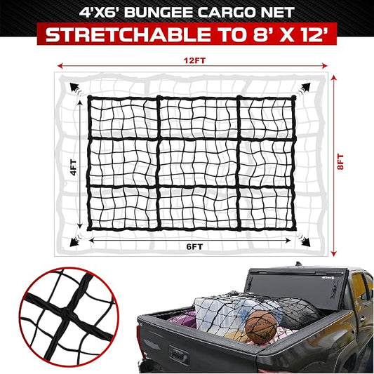 [Premium] 4'x6' Heavy Duty Cargo Net Stretches to 8' x 12', Extra Thick 10mm Cord Bungee Cargo Netting for Pickup Truck Bed, Roof Rack Net & 12 PCS Steel Carabiners