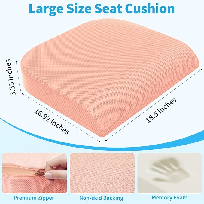 TranquilRelax XLarge Seat Cushion, Memory Foam Cushion for Long Sitting Hours on Office Chair, Home & Car, Non-Slip Chair Pad for Relieving Back & Sciatica & Hip & Coccyx Pain (Pink)