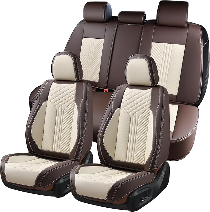Coverado Leather Car Seat Covers Full Set, 5 Seats Waterproof Seat Covers for Cars Front and Rear Seat Cushions Protectors Universal Fit Most Vehicles (Bronw&Beige)