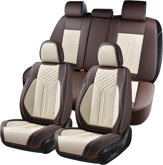 Coverado Leather Car Seat Covers Full Set, 5 Seats Waterproof Seat Covers for Cars Front and Rear Seat Cushions Protectors Universal Fit Most Vehicles (Bronw&Beige)