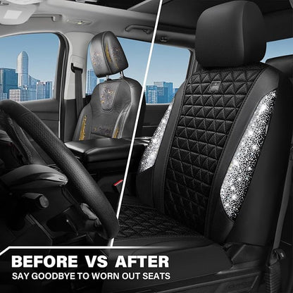 CAR PASS 3D Air Mesh Seat Covers for Cars, Bling Diamond Leather Foam Car Seat Covers for 2 Front Interior Sets, Automotive seat Covers Universal Fit Truck SUV Cute Women Girl, Black Silver Rhinestone