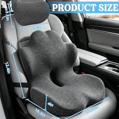 3-in-1 Memory Foam Seat Cushion & Headrest Pillow with Lumbar Support L-Shaped Ergonomic Driver Seat Cushions Design for Sciatica and Tailbone Pain Relief Comfort for Car,Truck,Chair