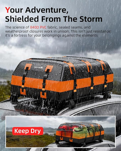 Abahub 21 Cubic Feet Waterproof 840D Large Universal Car Cargo Roof Top Carrier Bag, Car Roof Topper Storage for SUV, Van, Vehicle Travel, for All Cars with/Without Rack