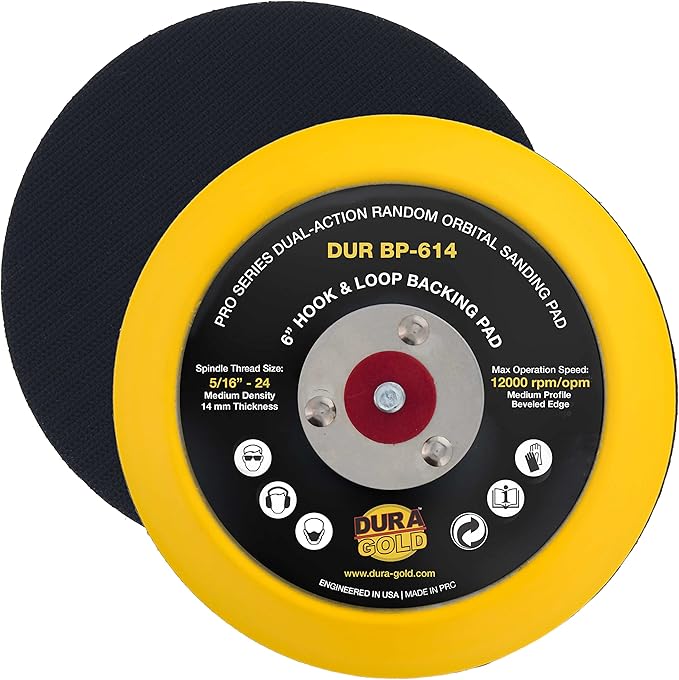 Dura-Gold Pro Series 6" Hook & Loop DA Backing Plate Pad - 14mm Thick Medium Profile Edge, Dual-Action Random Orbital Sanding Pad, 5/16" - 24 Threads - for Sander Polisher Auto Woodworking Sandpaper