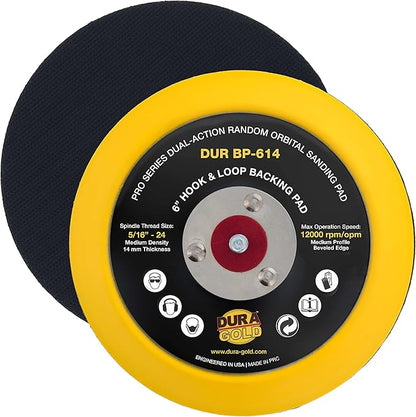 Dura-Gold Pro Series 6" Hook & Loop DA Backing Plate Pad - 14mm Thick Medium Profile Edge, Dual-Action Random Orbital Sanding Pad, 5/16" - 24 Threads - for Sander Polisher Auto Woodworking Sandpaper