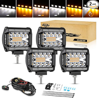 Auxbeam 4 Inch 240W LED Pods, Amber White Fog Light 6 Modes Strobe Lights for Work Truck, Dual Color Combo Offroad Driving Light for Jeep ATV Utv Car, 4 Packs