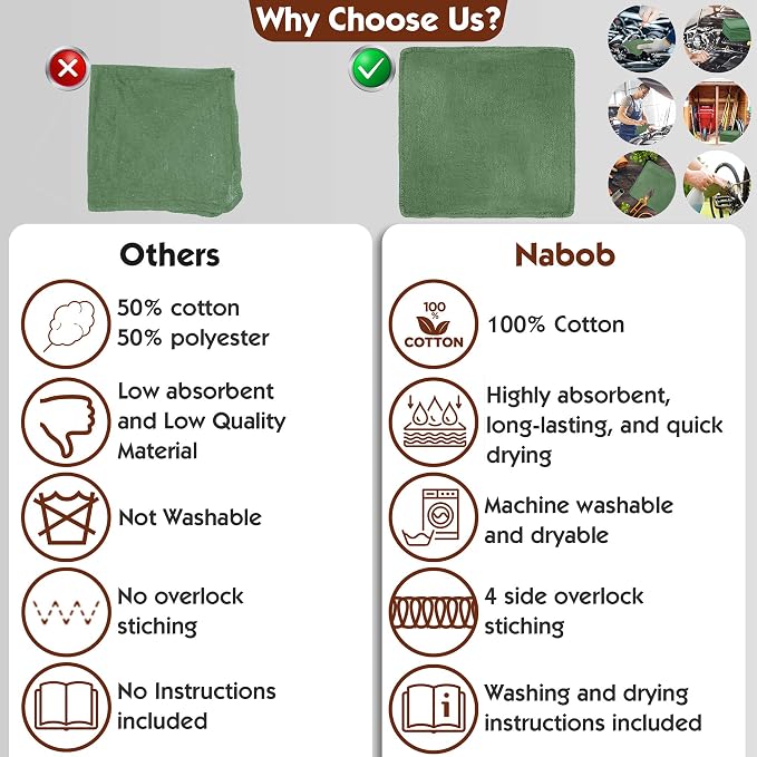 Nabob Wipers Auto Mechanic Shop Towels 25 Pack Bulk Shop Rags 100% Cotton Size 14"x14" Commercial Grade (25 Pack, Green)
