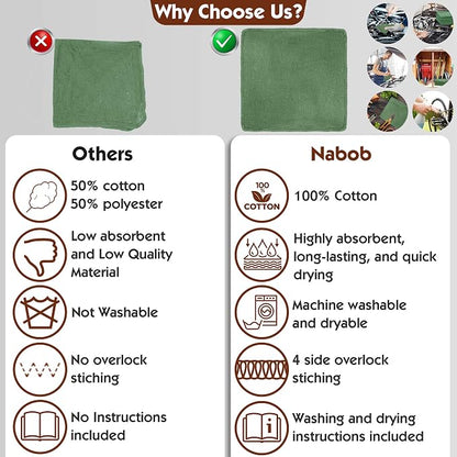 Nabob Wipers Auto Mechanic Shop Towels 100 Pack Bulk Rags 100% Cotton Commercial Grade Shop Rags Size 14"x14" (100 Pack, Green)