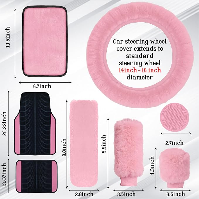 Car Seat Cover Full Set for Women with Floor Mats,3D Air Mesh Car Seat Cover with 5mm Composite Sponge Inside,Universal Fluffy Steering Wheel Cover, Accessories Full (Pink)