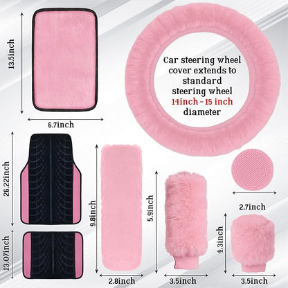 Car Seat Cover Full Set for Women with Floor Mats,3D Air Mesh Car Seat Cover with 5mm Composite Sponge Inside,Universal Fluffy Steering Wheel Cover, Accessories Full (Pink)