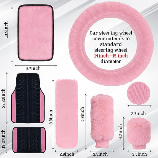 Car Seat Cover Full Set for Women with Floor Mats,3D Air Mesh Car Seat Cover with 5mm Composite Sponge Inside,Universal Fluffy Steering Wheel Cover, Accessories Full (Pink)