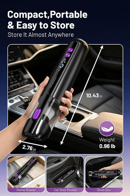 Handheld Cordless Car Vacuum Cleaner 15000Pa, 3-in-1 Portable Vacuum with LED Light,LED Display & Washable HEPA Filter,USB-C Rechargeable, up to 30-Min Runtime for Car, Home, Desk & Pet Hair(black)