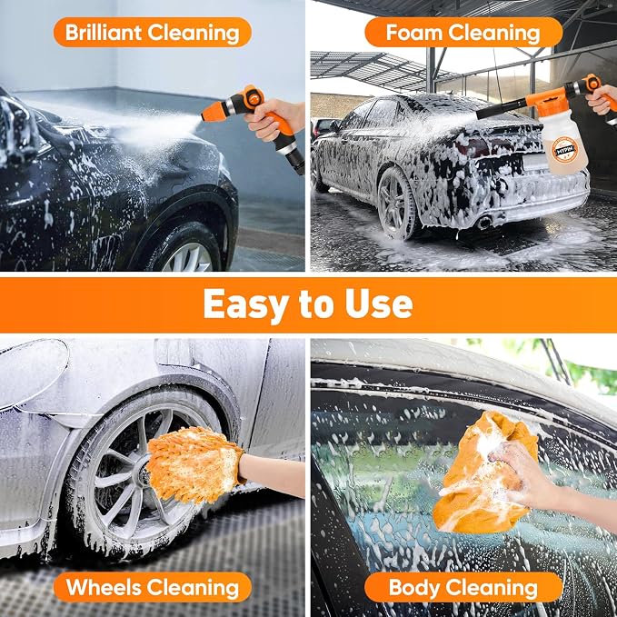 16 IN 1 Car Wash Foam Gun, Foam Cannon,Adjustable Hose Wash Sprayer with 2.5 to 6 Bars Foam Blaster,Wash Mitten &Towel,Suitable for Car Cleaning and Garden Use with 1/2” Quick Connector