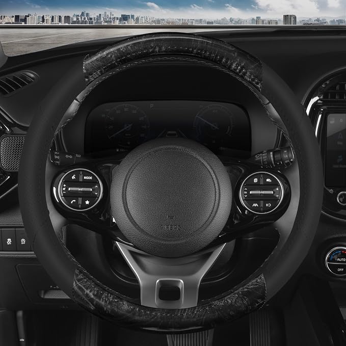 BDK BurlwoodLux Wood Grain and PU Leather Black Steering Wheel Cover - Sport Grip for Car Auto SUV Trucks
