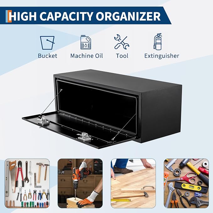Black Steel Underbody Truck Box, Pickup Storage Box, Heavy Duty Diamond Plate Tool Box with Lock and Keys, Waterproof Trailer Storage Box (48" x 13" x 16"-Black)