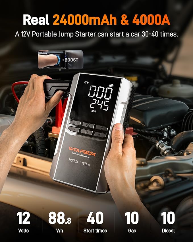 WOLFBOX 4000A Jump Starter with Air Compressor, 88.8Wh Car Battery Jumper Starter Portable(10L Gas/10L Diesel), 12V Booster Jump Box Pack with 160PSI Tire Inflator, 65W Fast Charger, Jumper Cables